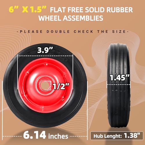 (2-Pack) AR-PRO 6?? x 1.5?? Flat Free Solid Rubber Wheel Assemblies – Replacement Hand Truck Wheels with Ball Bearings and 5/8?? Bore Hole Diameter – Heavy-Duty Solid Rubber Wheels 132 lbs Load Capacity - Image 2